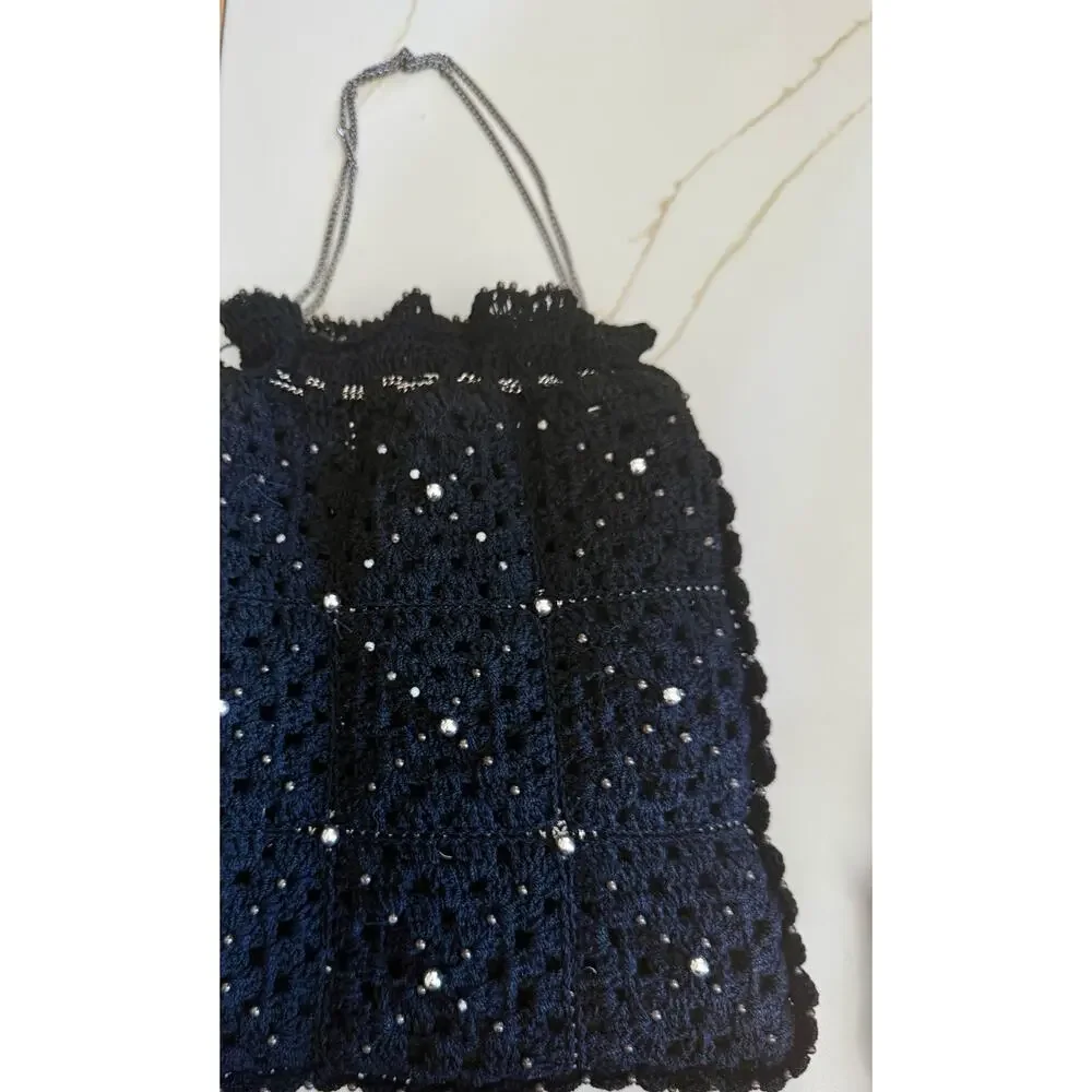 Vintage Black Cinch crochet Knit Handbag Silver Chain Hand Strap Jeweled 10x8”